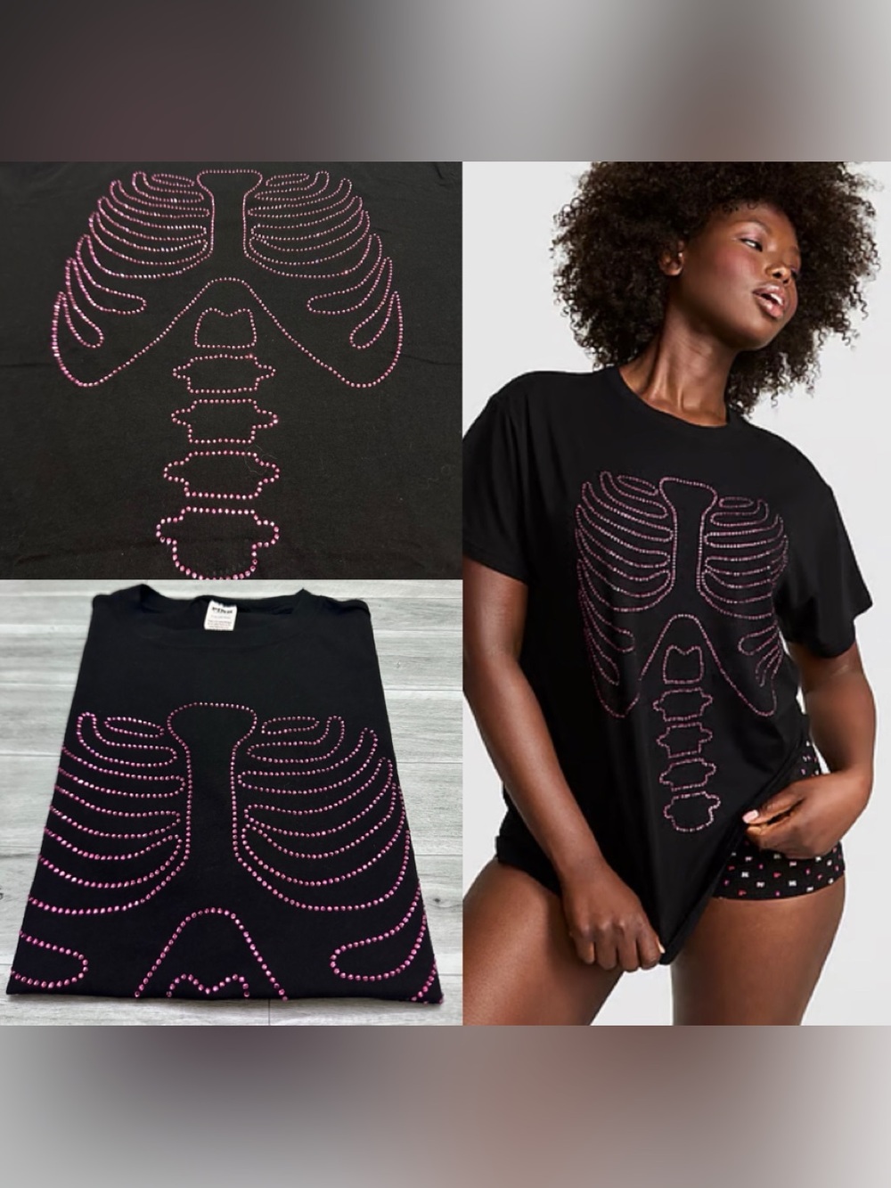 PINK Victoria's Secret Black Tee with Pink Studded Ribcage Graphic L